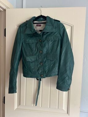 One Step Teal Womens Lamb Leather Button-Front Jacket